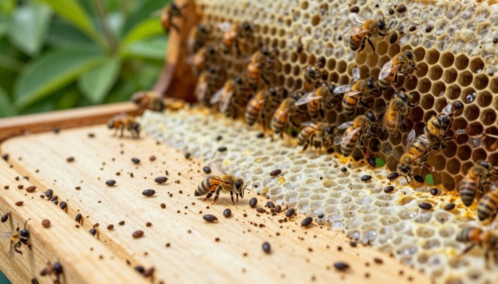 A close-up view of a bee colony’s observation board, with a focus on the Varroa mite drop after applying oxalic acid. The foreground features a detailed wooden inspection board scattered with fallen Varroa mites, tiny brown and black oval shapes, against a backdrop of light-colored bee propolis. In the middle ground, frames of honeycomb are partially visible, with healthy bees actively tending to them. The background includes lush green foliage, emphasizing the bees’ natural environment. The scene is illuminated by soft, natural sunlight, creating a warm atmosphere, captured with a macro lens to highlight the intricate details. The mood conveys a scientific examination of mite management, portraying the critical evaluation process in apiculture. A close-up view of a bee colony’s observation board, with a focus on the Varroa mite drop after applying oxalic acid. The foreground features a detailed wooden inspection board scattered with fallen Varroa mites, tiny brown and black oval shapes, against a backdrop of light-colored bee propolis. In the middle ground, frames of honeycomb are partially visible, with healthy bees actively tending to them. The background includes lush green foliage, emphasizing the bees’ natural environment. The scene is illuminated by soft, natural sunlight, creating a warm atmosphere, captured with a macro lens to highlight the intricate details. The mood conveys a scientific examination of mite management, portraying the critical evaluation process in apiculture.