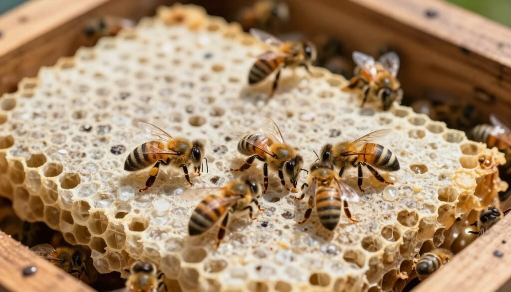 A close-up view of a bee comb filled with burr comb, showcasing the irregular, protruding wax structures that bees create. In the foreground, several bees are busily interacting with the comb, their golden and black bodies contrasting against the pale wax. The middle ground features the burr comb itself, with its uneven texture and glistening surfaces that catch the soft, natural light. In the background, a blurred hive interior suggests a bustling colony, enhancing the scene's context. The overall lighting is warm and inviting, creating a feeling of natural harmony and industriousness. The angle is slightly elevated, offering a comprehensive view of the comb's structures and the bees in action, emphasizing the organic and unstructured nature of burr comb formation.