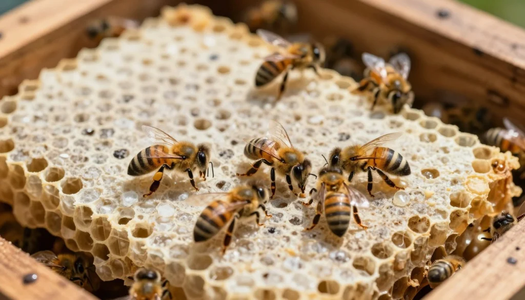 A close-up view of a bee comb filled with burr comb