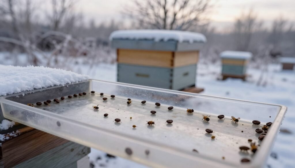 A close-up view of a bee hive during the winter months, focusing on a monitoring tray placed beneath the hive capturing fallen Varroa mites. The foreground features a clear, detailed tray filled with a small number of brown, coffee bean-shaped mites. In the middle ground, the hive is visible, covered with a dusting of snow, surrounded by a serene, frosty landscape with bare trees and soft gray skies. The image is illuminated by soft, diffused winter light, casting gentle shadows and creating a calm, focused atmosphere. Use a slight tilt-angle for depth, emphasizing the monitor's importance in beekeeping practices during cold months.