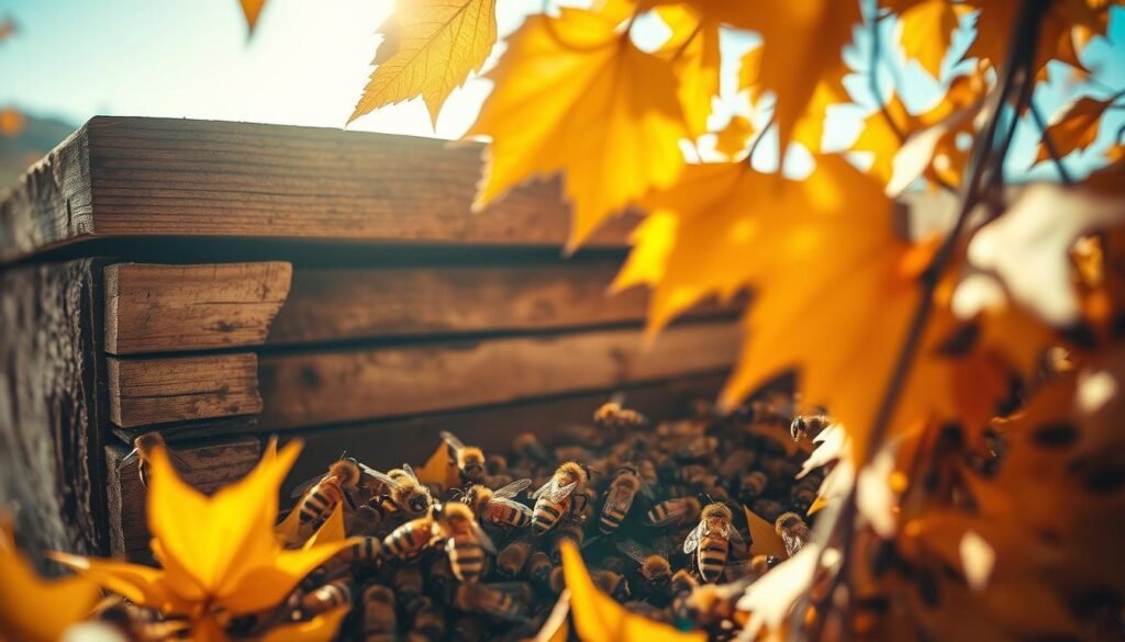 A close-up view of a bee hive entrance nestled among golden autumn foliage. In the foreground, bees are buzzing energetically around the entrance, with some carrying pollen. The middle ground features the rugged texture of the hive, showing worn wooden slats and a subtle gloss from the beeswax. Soft sunlight filters through the leaves, casting dappled shadows that enhance the warmth of fall colors—crimson, amber, and ochre. In the background, a blurred landscape of gentle hills and a clear blue sky evokes a peaceful atmosphere. The image captures the industrious spirit of bees preparing for the colder months, emphasizing the importance of hive health and food adequacy. The composition is well-lit, resembling a shallow depth of field to focus on the hive, creating an inviting yet industrious mood. A close-up view of a bee hive entrance nestled among golden autumn foliage. In the foreground, bees are buzzing energetically around the entrance, with some carrying pollen. The middle ground features the rugged texture of the hive, showing worn wooden slats and a subtle gloss from the beeswax. Soft sunlight filters through the leaves, casting dappled shadows that enhance the warmth of fall colors—crimson, amber, and ochre. In the background, a blurred landscape of gentle hills and a clear blue sky evokes a peaceful atmosphere. The image captures the industrious spirit of bees preparing for the colder months, emphasizing the importance of hive health and food adequacy. The composition is well-lit, resembling a shallow depth of field to focus on the hive, creating an inviting yet industrious mood.