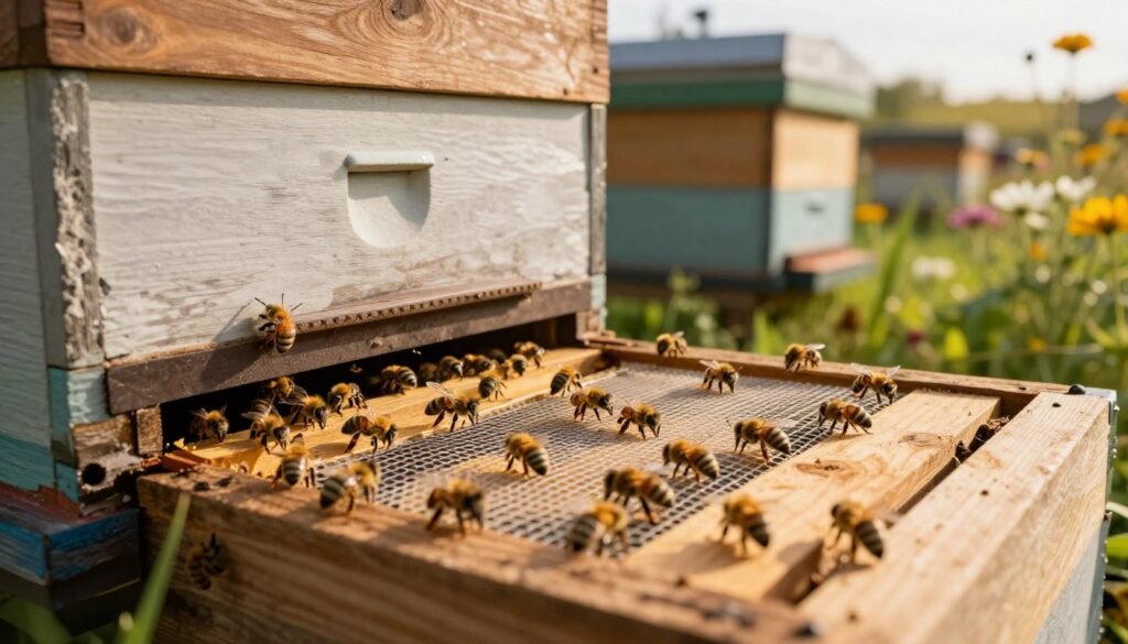 A close-up view of a bee hive entrance, showcasing a wooden landing board with a protective mesh screen installed to prevent robbing. In the foreground, bees are actively entering and exiting, emphasizing the vibrancy of their activity. The middle ground features the hive body, painted in natural colors with rustic textures, surrounded by a garden filled with flowering plants in soft focus. The background reveals a sunny afternoon sky, casting warm, golden light that enhances the overall atmosphere of a thriving bee colony. The composition is slightly angled from above, capturing the details of the entrance protection system while maintaining a serene and industrious mood. The scene is rich in detail, highlighting the importance of hive security for bees.