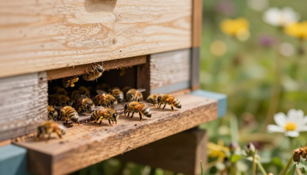 A close-up view of a bee hive entrance with a physical choke point designed for bees, showcasing intricate details of the entrance structure. The foreground features a wooden frame with a snugly fitting reducer at the hive entrance, allowing only a limited number of bees to pass through, emphasizing the benefits of control. In the middle, bees are seen navigating through the choke point, with some carrying pollen, showcasing their diligent nature. The background includes a blurred garden scene filled with flowers, enhancing the hive’s environment. Soft, warm sunlight filters through, creating a serene and productive atmosphere, while a shallow depth of field focuses on the choke point in sharp detail, underscoring its importance.