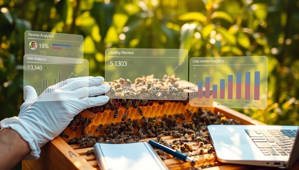 A close-up view of a bee hive filled with bees, scientifically dissected to show the inner layers of honeycomb, with superimposed digital interfaces displaying user review analytics. In the foreground, a pair of hands wearing white gloves gently analyzes the hive structures, while a notepad and a laptop are opened beside them. The middle ground features a lush, outdoor garden setting that conveys a healthy bee habitat. In the background, soft sunlight filters through green foliage, creating a warm and inviting atmosphere. The image is taken with a shallow depth of field to emphasize the reviewing process, with natural colors and high contrast to highlight the bees and hive details. The mood is professional and insightful, suitable for an analytical discussion on hive performance.
