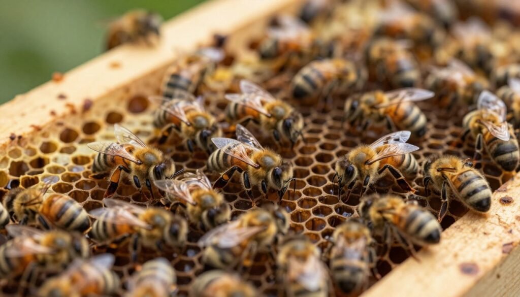 A close-up view of a bee hive frame teeming with drone brood, displaying fully developed drone cells ripe for Varroa mite control. In the foreground, focus on the intricate details of the capped drone brood cells, showcasing their darker wax and slightly larger size compared to worker brood. The middle ground features busy worker bees actively tending to the brood, with some bees exhibiting a slight sheen under soft natural sunlight filtering through the hive. In the background, a blurred glimpse of the wooden hive structure and scattered honeycomb gives context to the scene. The overall mood is of careful nurturing and strategic preparation, emphasizing the symbiotic relationship between bees and their management for mite control. Use a shallow depth of field to highlight the brood while softly blurring the background, suggesting a focused environment.
