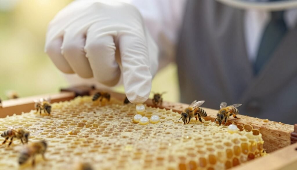 A close-up view of a bee hive section during an internal inspection, showcasing several queen bee eggs nestled in wax cells. The foreground highlights the detailed texture of the honeycomb, with delicate, translucent eggs visible in the light. The middle layer features a beekeeper's gloved hand carefully pointing towards the eggs, dressed in professional business attire for safety. The background is softly blurred, capturing the warm, inviting glow of honeycomb and the subtle activity of worker bees buzzing around. The lighting is soft yet bright, mimicking the natural sunlight filtering through, creating an atmosphere of focused diligence and curiosity about hive dynamics. The scene is serene, conveying the critical inspection process while maintaining professionalism.
