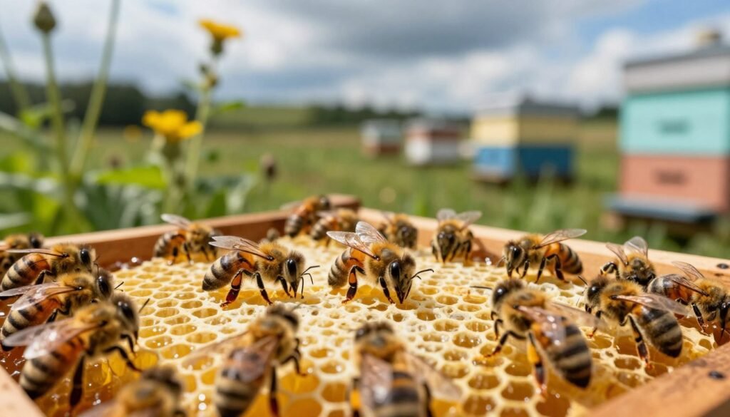 A close-up view of a bee hive, showcasing the intricate details of the bees' work and the delicate balance of the ecosystem. In the foreground, healthy bees buzz around vibrant honeycomb filled with golden honey, while some exhibit signs of stress or damage, hinting at environmental challenges. The middle ground features various foliage, including flowers and plants that influence hive health, bathed in soft, natural sunlight filtering through. In the background, a blurred landscape of a beekeeping farm under a blue sky adds depth, while hints of shadowy clouds suggest changing weather conditions. The mood is informative yet peaceful, emphasizing the relationship between nature and bee welfare. Use a macro lens perspective with crisp focusing on the bees and honeycomb, creating a vibrant and dynamic atmosphere.