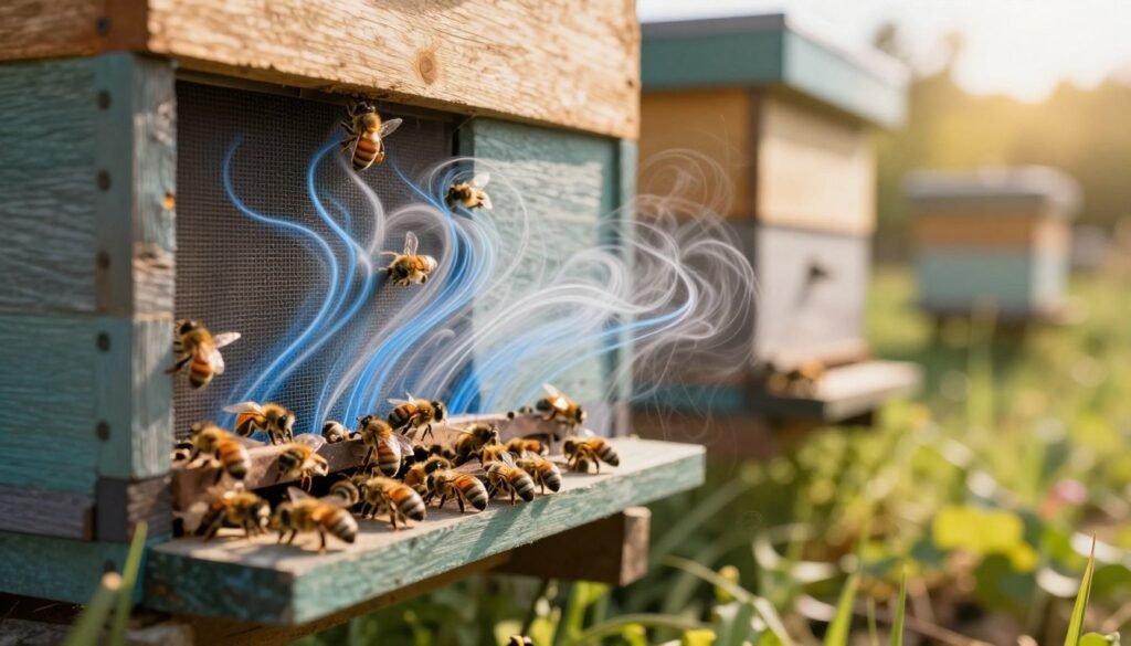 A close-up view of a bee hive showcasing the intricate mechanics of ventilation airflow. In the foreground, clusters of bees can be seen bearding at the entrance, their bodies reflecting natural sunlight, conveying a sense of activity and urgency. The middle ground features the hive structure, with visible openings and screens that facilitate airflow, illustrated with gentle swirling blue and white lines to signify air movement. The background is a soft-focus garden, bathed in warm, golden hour light, adding to a peaceful, sunny atmosphere. The entire scene captures a harmonious relationship between nature and the engineering of the hive, highlighting the importance of ventilation in beekeeping. A wide-angle perspective enhances the sense of space and movement within the scene, creating an enlightening and engaging visual representation of airflow.