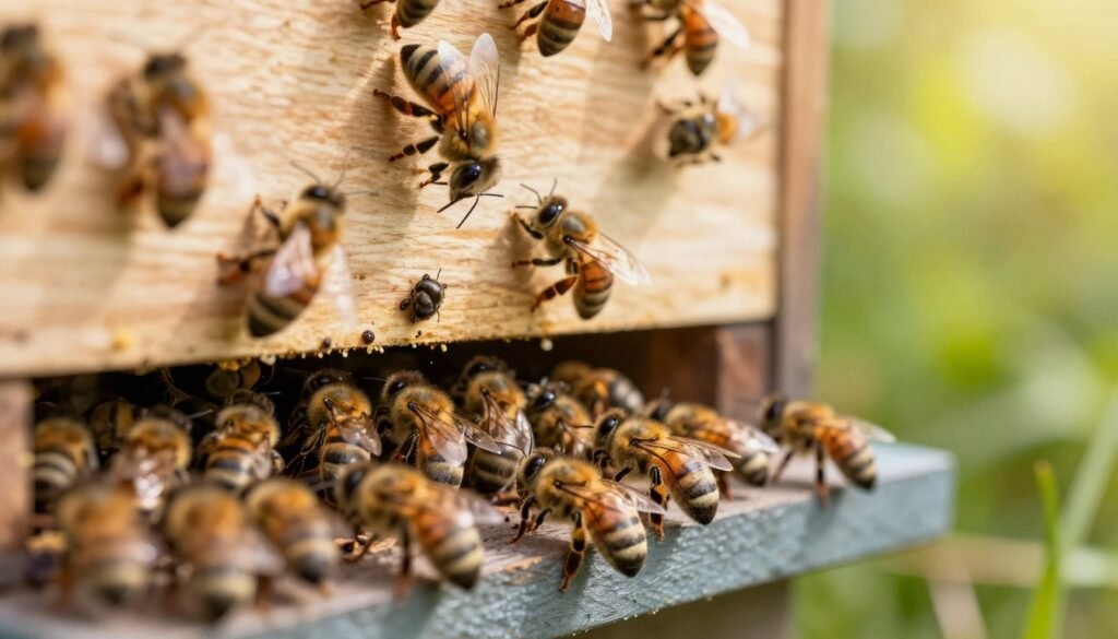 A close-up view of a bee hive showing bees actively moving in and out, with a heightened sense of activity and energy, indicating a spike in varroa mite counts after secondary treatment. In the foreground, focus on bees clustering around the hive entrance, some visibly agitated, while others carry varroa mites. The middle layer features the hive structure, detailed with wooden textures, and signs of recent treatment visible, such as slight moisture or applicator residue. In the background, a soft-focus of green foliage with sunlight filtering through, creating a warm, natural atmosphere. Use a soft, bright light to enhance the details of the bees and the hive, shot at a slight upward angle to emphasize the hive's height and activity. The mood should feel dynamic yet informative, capturing the transitional state of bee behavior post-treatment. A close-up view of a bee hive showing bees actively moving in and out, with a heightened sense of activity and energy, indicating a spike in varroa mite counts after secondary treatment. In the foreground, focus on bees clustering around the hive entrance, some visibly agitated, while others carry varroa mites. The middle layer features the hive structure, detailed with wooden textures, and signs of recent treatment visible, such as slight moisture or applicator residue. In the background, a soft-focus of green foliage with sunlight filtering through, creating a warm, natural atmosphere. Use a soft, bright light to enhance the details of the bees and the hive, shot at a slight upward angle to emphasize the hive's height and activity. The mood should feel dynamic yet informative, capturing the transitional state of bee behavior post-treatment.