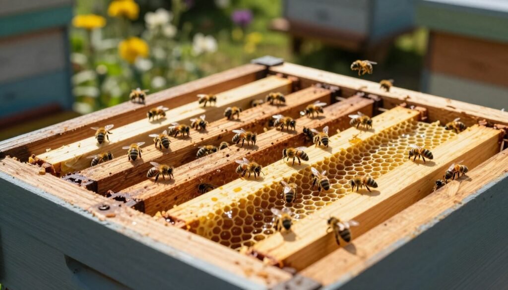A close-up view of a bee hive showing intricate ventilation systems, with wooden frames and a detailed pattern of honeycomb. In the foreground, warm sunlight filters through the hive entrance, casting soft shadows on the surrounding area. In the middle ground, bees are actively moving in and out, creating a sense of motion and life. The background features a blurred garden scene, hinting at flowers and greenery that provide natural forage for the bees. The atmosphere is vibrant and lively, hinting at the importance of maintaining optimal temperatures and airflow within the hive. The lighting is natural, highlighting the textures of the wood and the golden hue of honey. The angle is slightly elevated, emphasizing both the entrance and the internal ventilation structure. A close-up view of a bee hive showing intricate ventilation systems, with wooden frames and a detailed pattern of honeycomb. In the foreground, warm sunlight filters through the hive entrance, casting soft shadows on the surrounding area. In the middle ground, bees are actively moving in and out, creating a sense of motion and life. The background features a blurred garden scene, hinting at flowers and greenery that provide natural forage for the bees. The atmosphere is vibrant and lively, hinting at the importance of maintaining optimal temperatures and airflow within the hive. The lighting is natural, highlighting the textures of the wood and the golden hue of honey. The angle is slightly elevated, emphasizing both the entrance and the internal ventilation structure.