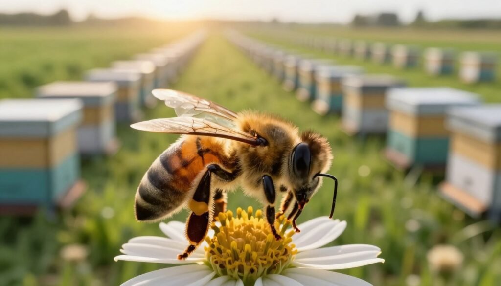 A close-up view of a bee on a flower, showcasing a sharp focus on the intricate details of its wings and body, highlighting the importance of bees in pollination. In the background, a soft-focus view of a well-maintained commercial apiary, with organized bee hives lined up in rows against a vibrant green landscape. The lighting is warm and golden, creating a serene atmosphere reminiscent of early morning sunlight. A subtle depth of field effect draws attention to the central bee while gently blurring the apiary, emphasizing the theme of regulatory standards for bee density. This image should evoke a sense of harmony between agriculture and nature, reflecting the meticulous care necessary for effective pollination practices.