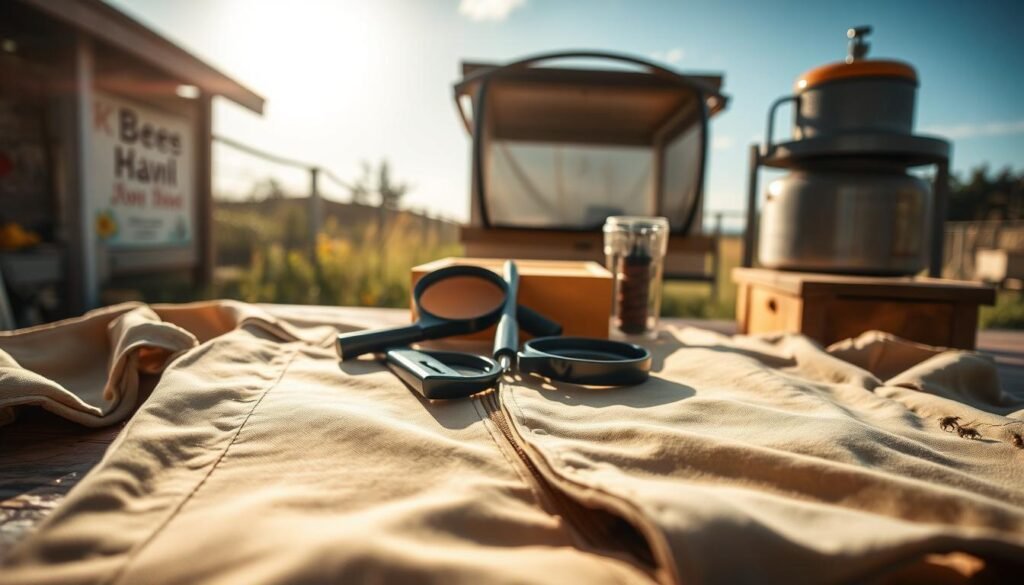 A close-up view of a bee suit laid out on a table, showcasing various components in detail. The foreground features the bee suit with visible red flags, such as worn-out seams, loose zippers, and frayed fabric. In the middle, surrounded by tools like a bee hive tool and smoker, are magnifying glasses and inspection items to examine the suit's quality. The background displays a sunny outdoor setting with a gentle breeze, hinting at the importance of staying cool. Soft, natural lighting creates an open and informative atmosphere, highlighting the textures of the fabric. The image should evoke a sense of caution and awareness, emphasizing the significance of choosing high-quality gear for beekeeping.