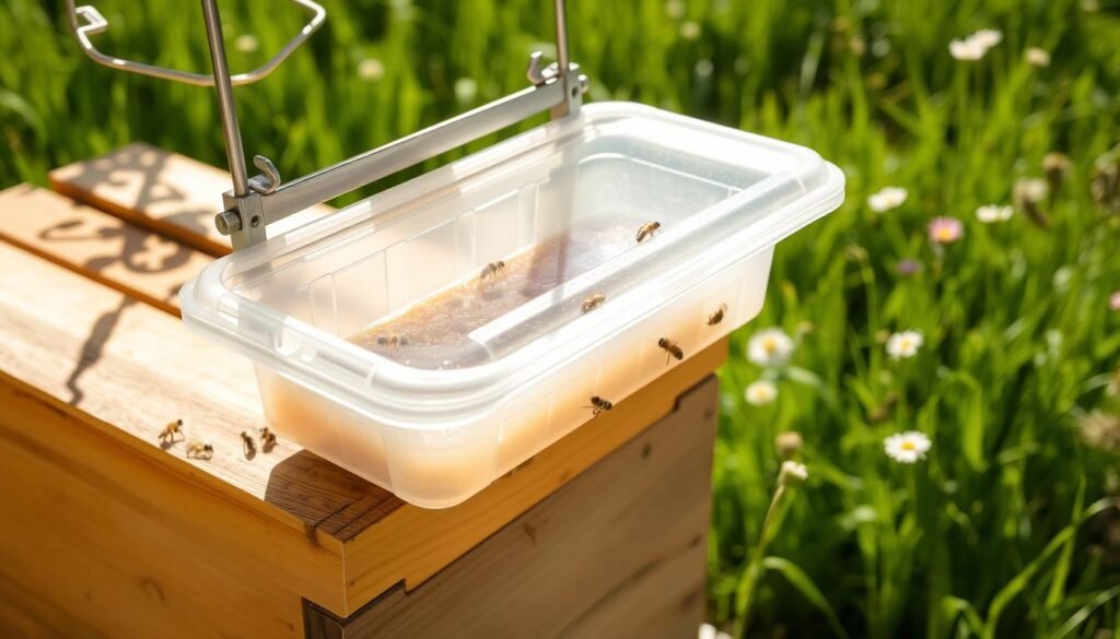 A close-up view of a bee top feeder installed on a wooden beehive, showcasing its durable construction with a clear plastic feeding container filled with sugar syrup. The feeder is designed with sturdy metal components and safety features, such as a mesh cover to prevent bees from drowning. Bright, natural sunlight filters through surrounding foliage, casting soft shadows on the hive. Gentle bee activity surrounds the feeder, showcasing bees at work, highlighting the synergy between the feeder and the hive. In the background, lush green grass and a few wildflowers create a serene environment, emphasizing a safe and thriving bee colony. The image should evoke a sense of care and functionality in beekeeping, focusing on the health of the hive and its inhabitants.