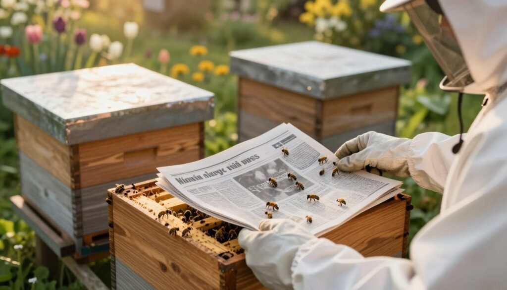 A close-up view of a beehive being united with another colony using the newspaper method. In the foreground, a beekeeper in a white protective suit gently places a sheet of newspaper between two hives, showcasing the meticulous process. Bees are visible, crawling on the edges of the newspaper, buzzing softly. The middle ground presents two wooden hives, one slightly ajar for illustration, while the background features a lush garden with blooming flowers, bathed in warm, golden afternoon light. The scene captures a serene, peaceful atmosphere, emphasizing harmony between the hives. The angle is slightly top-down to highlight the interaction, with a soft focus on the distant flowers to draw attention to the activity in the foreground.