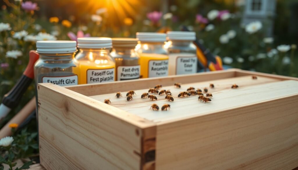 A close-up view of a beehive box surrounded by various types of adhesives and tools, illustrating the trade-offs in beekeeping assembly. In the foreground, a wooden hive box with smooth, well-joined seams, showing glossy glue finishing, symbolizing permanent assembly. The middle ground features jars of different glue types labeled with key benefits like "fast-drying" and "repairable." Bees are seen busily working in and around the hive. In the background, a peaceful garden setting with flowers, and a soft golden hour light casts a warm glow, creating an inviting atmosphere. The angle is slightly elevated, capturing the details of the hive box and the surrounding tools, emphasizing the blend of nature and craftsmanship in beekeeping.