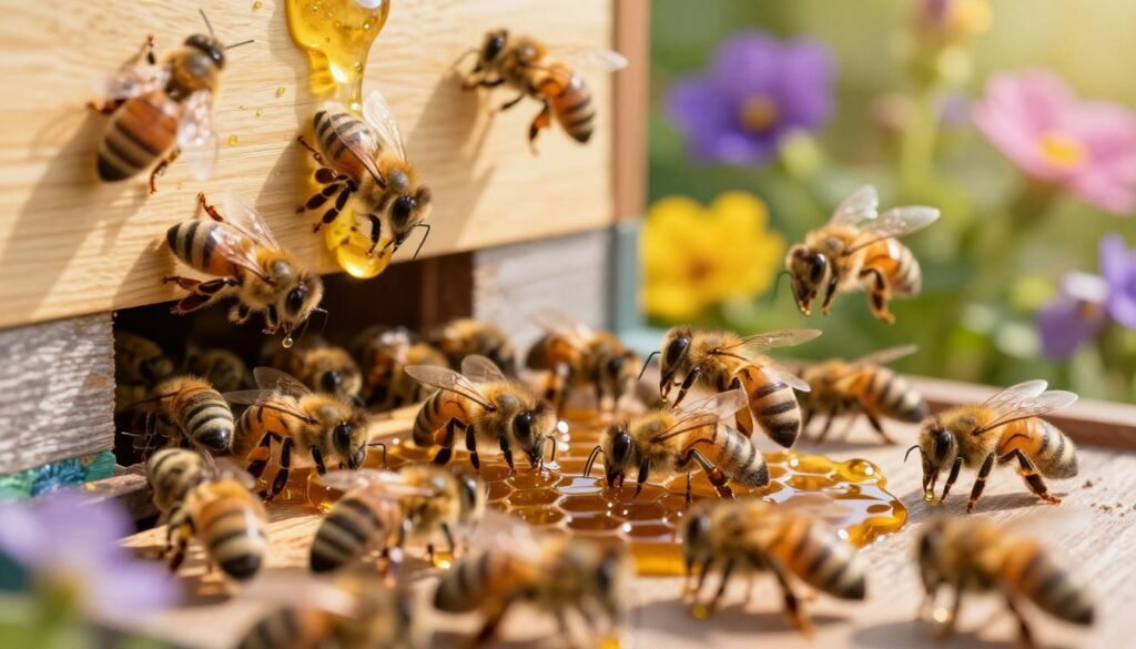 A close-up view of a beehive bustling with activity in a sunlit garden. In the foreground, a cluster of honeybees is depicted, some hovering and others busy with their jaws, manipulating sugar syrup droplets that glisten like jewels in the warm light. The middle ground features the hive entrance, with bees streaming in and out, attracted by the syrup. The background shows vibrant flowering plants, adding pops of color with shades of yellow, purple, and pink, bathed in soft, golden sunlight. The scene conveys a bustling, lively atmosphere, emphasizing the distraction effect of the sugar syrup, and capturing details like bees in various poses, wings in motion, and the syrup reflecting light. The image is bright and inviting, showcasing nature's beauty.