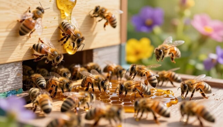 A close-up view of a beehive bustling with activity in a sunlit garden