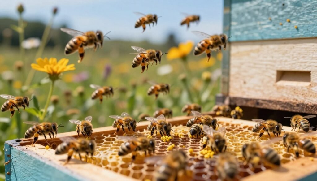 A close-up view of a beehive bustling with activity, showcasing bees flying in and out, carrying pollen. The foreground features a detailed, textured beehive with honeycombs visible, and bees clustered around open cells. The middle ground captures bees interacting, some pollinating flowers nearby, while others communicate through their movements. In the background, a warm, sunlit garden is seen with vibrant wildflowers under a clear blue sky, creating an inviting atmosphere. Use soft, natural daylight to enhance the colors, giving a lively and energetic feel. The angle should be slightly tilted from above, focusing on the hive's entrance, emphasizing the theme of temperature and environmental considerations in bee behavior. A close-up view of a beehive bustling with activity, showcasing bees flying in and out, carrying pollen. The foreground features a detailed, textured beehive with honeycombs visible, and bees clustered around open cells. The middle ground captures bees interacting, some pollinating flowers nearby, while others communicate through their movements. In the background, a warm, sunlit garden is seen with vibrant wildflowers under a clear blue sky, creating an inviting atmosphere. Use soft, natural daylight to enhance the colors, giving a lively and energetic feel. The angle should be slightly tilted from above, focusing on the hive's entrance, emphasizing the theme of temperature and environmental considerations in bee behavior.