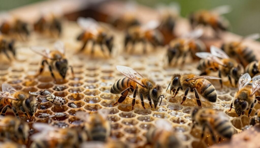 A close-up view of a beehive cell, emphasizing the unsettling effects of Parasitic Mite Syndrome. In the foreground, showcase uncapped honeycomb cells with dead larvae and living bees exhibiting signs of distress. The bees display unusual deformities caused by mites, featuring their bodies crawling with tiny, visible mites. The middle ground should include honeycomb structures, richly textured and detailed, with some cells filled with honey. In the background, softly illuminated by warm sunlight, depict a blurred swarm of bees, illustrating a sense of chaos in the beehive. The atmosphere conveys a serious, somber mood, highlighting the challenges faced by these bees due to parasitic infestation. Use natural lighting to create a soft focus, as if captured with a macro lens.