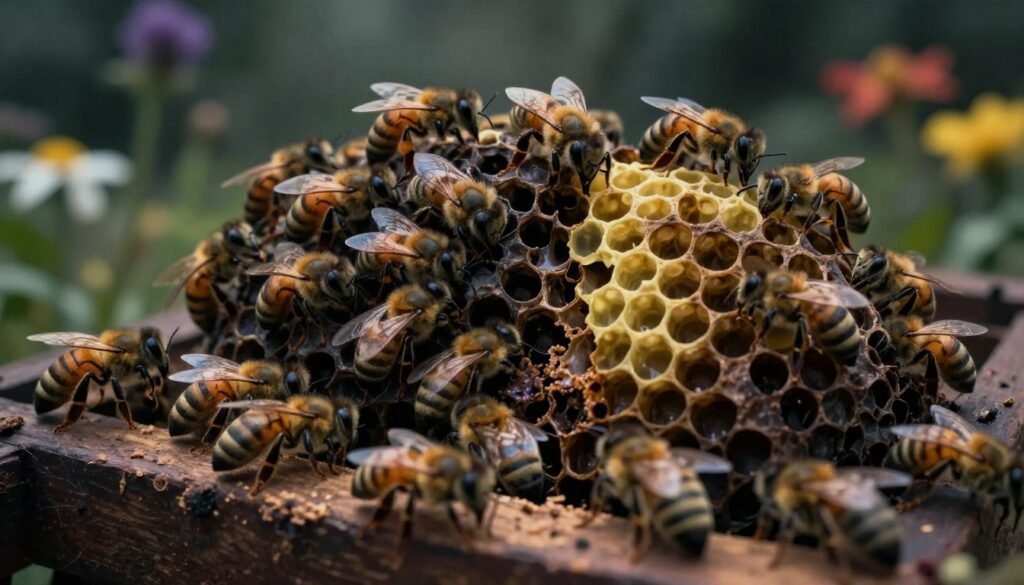 A close-up view of a beehive, depicting the merging of two infested bee colonies amidst a tense and foreboding atmosphere. In the foreground, several worker bees exhibit signs of distress, with some appearing disoriented or lethargic, emphasizing the chaos of the situation. In the middle ground, a split hive is illustrated, featuring contrasting colors of unhealthy and healthy bees, showcasing the dangers of combining infested colonies. The background presents a blurred garden filled with flowers, indicating a deceptive sense of tranquility. The lighting is dim and moody, with shadows casting over the hive, enhancing the feeling of risk and unease. The image should be captured from a low angle, creating a dramatic effect that draws the viewer into the critical situation.
