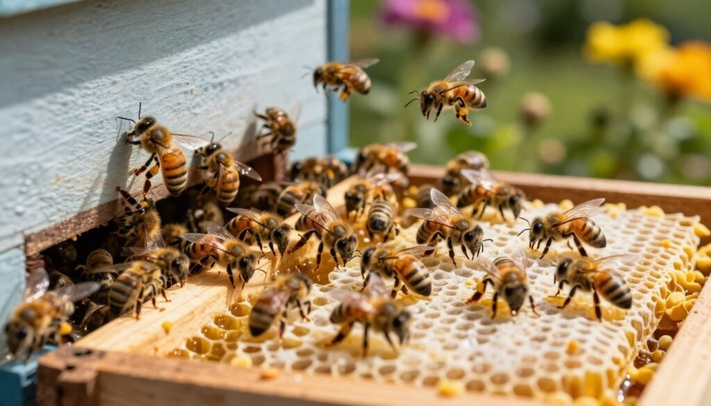 A close-up view of a beehive displaying signs of aggression, with bees buzzing energetically around the entrance, some in mid-flight showing their stingers. In the foreground, a wooden frame with honeycomb cells is featured, partially filled with honey and pollen. In the middle ground, a chaotic swarm of bees is depicted, their wings glistening in the sunlight, capturing a sense of urgency and busyness. The background shows a blurred garden setting with colorful flowers, hinting at a rich environment. The lighting is bright, with soft shadows cast by the beehive, creating an atmosphere of tension and action within the hive. Emphasize the vibrant colors of the bees and the natural surroundings to convey the intensity of their behavior.