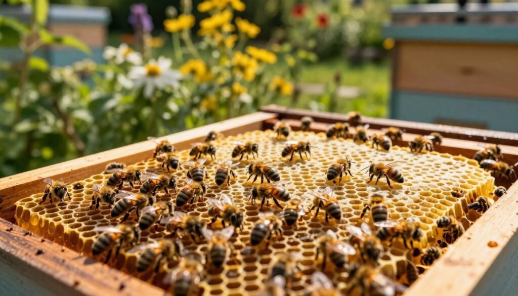 A close-up view of a beehive during peak season, showcasing vibrant honeycomb filled with bees actively working. In the foreground, focus on the intricate patterns of the honeycomb, with bees moving purposefully between the cells. The middle ground reveals several frames slightly pulled out, emphasizing the spacing technique, allowing for optimal hive growth. In the background, a lush garden filled with flowering plants provides a natural habitat, softly blurred for depth. Soft, warm sunlight filters through the leaves, casting gentle shadows and creating a lively, productive atmosphere. Shot from a low angle to emphasize the hive’s importance, capturing the essence of bustling hive activity while maintaining a serene and harmonious environment.