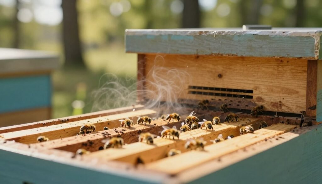 A close-up view of a beehive during transit, focusing on its ventilation system. In the foreground, there is an open hive box with wooden frames partially visible, showing bees actively moving. In the middle ground, the hive's specially designed ventilation holes are highlighted, demonstrating airflow with subtle swirls of air. The background features an outdoor setting, with trees and soft sunlight filtering through, creating a warm, inviting atmosphere. The lighting is natural, casting gentle shadows that emphasize the hive's features. The lens captures a shallow depth of field, drawing attention to both the bees and the ventilation setup. Overall, the mood is peaceful, illustrating a harmonious interaction between nature and human care in beekeeping.
