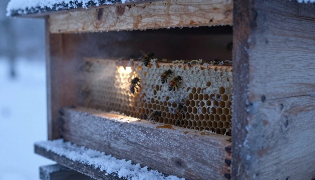 A close-up view of a beehive during winter, highlighting the effects of condensation and humidity. In the foreground, droplets of water bead on the inner walls of the hive, while patches of frost outline the wooden surfaces. In the middle, honeycomb cells are partially filled with honey, showcasing the bees' winter preparation. Soft, diffused light filters through tiny gaps, illuminating the hive's interior and casting gentle shadows. The atmosphere is calm and slightly eerie, emphasizing the stillness of winter, with a cool color palette of blues and whites. In the background, a blurred winter landscape can be seen, enhancing the sense of isolation and the hive's protection against the harsh conditions outside.
