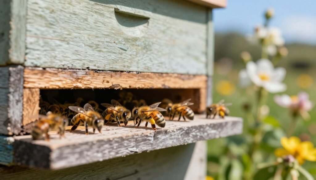 A close-up view of a beehive entrance, capturing the bustling activity of bees coming and going. In the foreground, focus on a few bees in sharp detail, their wings glistening in the sunlight, with pollen pellets on their hind legs. The middle layer shows a wooden hive painted in muted colors, with some cracks and natural wear indicating age. The background features a soft focus of a garden filled with blooming flowers, under a clear blue sky. Sunlight filters through the leaves, casting gentle shadows on the hive, creating a warm, serene atmosphere. This image conveys a sense of vitality and the importance of observing bee behavior for colony health monitoring.