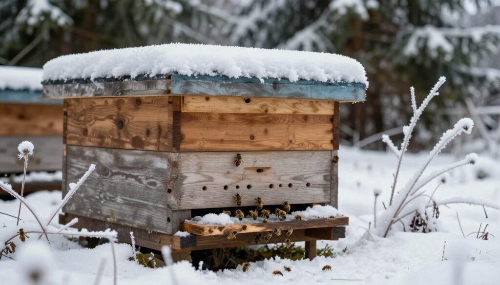 A close-up view of a beehive entrance featuring a winter entrance reducer made from wood, showcasing its intricate design with small holes for bee access, positioned at the hive's front. The foreground includes bees gently moving in and out of the entrance, emphasizing their activity. In the middle ground, the hive is surrounded by a light dusting of snow and frosty vegetation, reflecting a cold winter atmosphere. The background features soft-focus evergreen trees, indicating a serene winter landscape. The lighting is soft and diffused, mimicking an overcast day, adding to the chilly mood. The entire scene conveys a sense of calm and protection, highlighting the importance of hive ventilation during winter. A close-up view of a beehive entrance featuring a winter entrance reducer made from wood, showcasing its intricate design with small holes for bee access, positioned at the hive's front. The foreground includes bees gently moving in and out of the entrance, emphasizing their activity. In the middle ground, the hive is surrounded by a light dusting of snow and frosty vegetation, reflecting a cold winter atmosphere. The background features soft-focus evergreen trees, indicating a serene winter landscape. The lighting is soft and diffused, mimicking an overcast day, adding to the chilly mood. The entire scene conveys a sense of calm and protection, highlighting the importance of hive ventilation during winter.