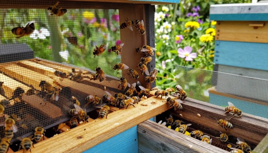 A close-up view of a beehive entrance featuring detailed robbing screens and entrance reducers, designed to prevent robbing bees. In the foreground, show the entrance reducer made of wood, with small slots allowing bees to enter. Surrounding the entrance, depict robbing screens, crafted from fine mesh, securing the hive. In the middle ground, include honeybees actively moving around, their intricate body patterns visible as they work together. The background should present a lush garden setting, with blooming flowers and greenery creating a vibrant atmosphere, illuminated by soft, natural sunlight. The scene conveys a sense of harmony and protection, emphasizing the importance of these tools in beekeeping. Use a slight tilt-angle to enhance depth and perspective, focusing on the hive's intricate details. A close-up view of a beehive entrance featuring detailed robbing screens and entrance reducers, designed to prevent robbing bees. In the foreground, show the entrance reducer made of wood, with small slots allowing bees to enter. Surrounding the entrance, depict robbing screens, crafted from fine mesh, securing the hive. In the middle ground, include honeybees actively moving around, their intricate body patterns visible as they work together. The background should present a lush garden setting, with blooming flowers and greenery creating a vibrant atmosphere, illuminated by soft, natural sunlight. The scene conveys a sense of harmony and protection, emphasizing the importance of these tools in beekeeping. Use a slight tilt-angle to enhance depth and perspective, focusing on the hive's intricate details.