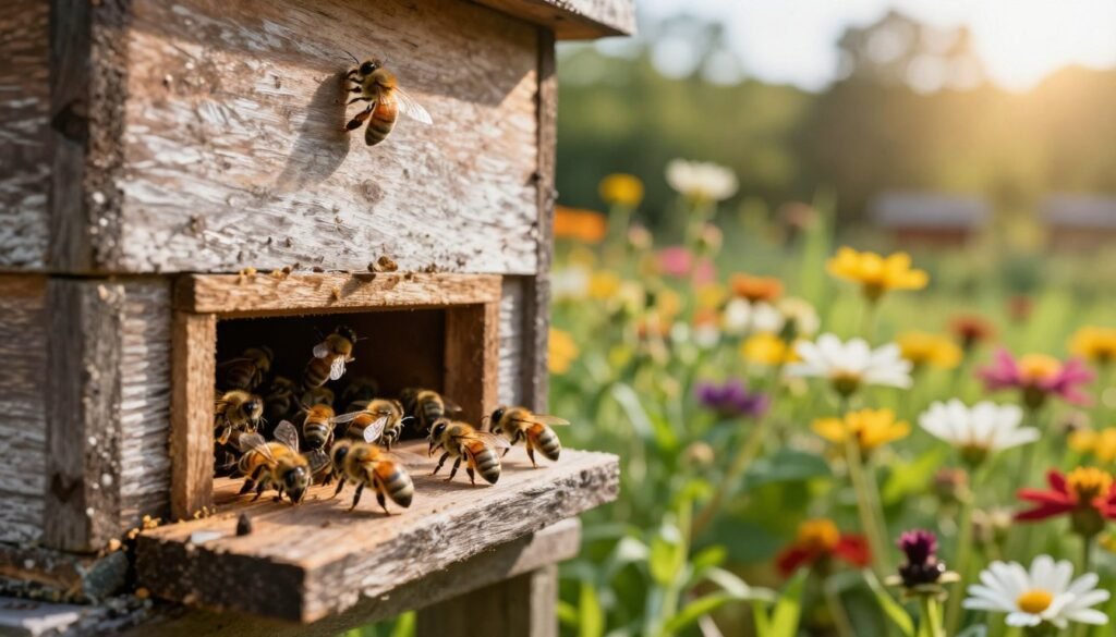 A close-up view of a beehive entrance set in a vibrant garden scene, showcasing bees actively entering and exiting the hive. The hive itself is rustic wooden, with a weathered textured surface, slightly ajar to reveal the bustling activity inside. In the foreground, a few bees are in sharp focus, their wings shimmering in sunlight. The middle ground features a lush array of flowers in full bloom, creating a sense of harmony with nature. In the background, soft greenery and distant trees fade into a warm, golden sunlight, creating a tranquil atmosphere. The lighting is natural, highlighting the intricate details of the bees and the hive, with a shallow depth of field to emphasize the busy entrance amidst the serene garden backdrop.