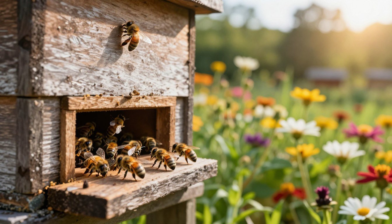 A close-up view of a beehive entrance set in a vibrant garden scene, showcasing bees actively entering and exiting the hive