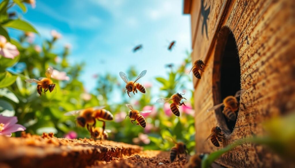 A close-up view of a beehive entrance, showcasing diligent guard bees actively patrolling the area around the entrance. In the foreground, focus on several guard bees, with distinct yellow and black stripes, fluttering their wings and inspecting incoming bees for intruders. In the middle ground, the textured wooden hive is visible, surrounded by vibrant green foliage and blooming flowers that suggest a lively environment. In the background, a clear blue sky with soft, diffused sunlight filters through the leaves, creating a warm and inviting atmosphere. The scene captures the intricate dynamics of hive defense, with an emphasis on the importance of guard bees in maintaining colony safety. The composition should be vibrant and detailed, making the viewer feel the urgency and activity of the hive.