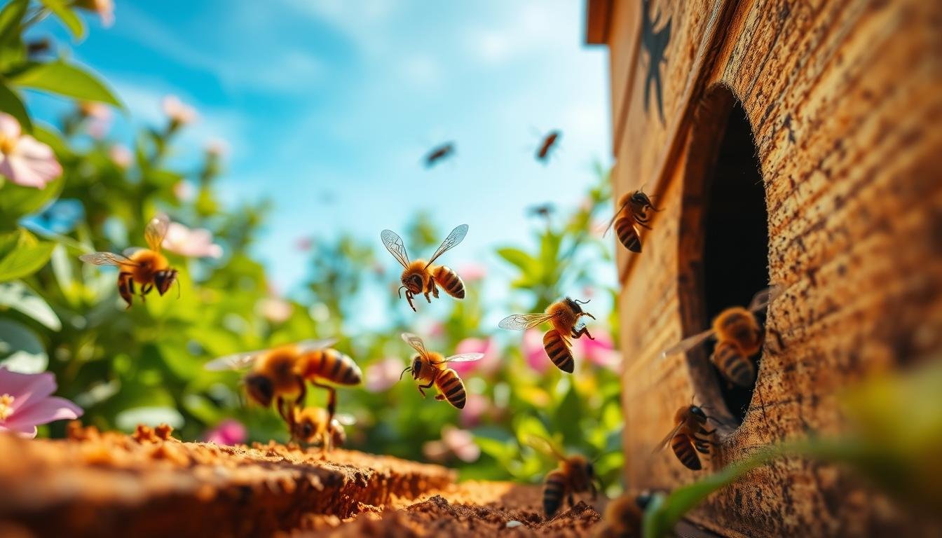 A close-up view of a beehive entrance showcasing diligent guard bees actively patrolling