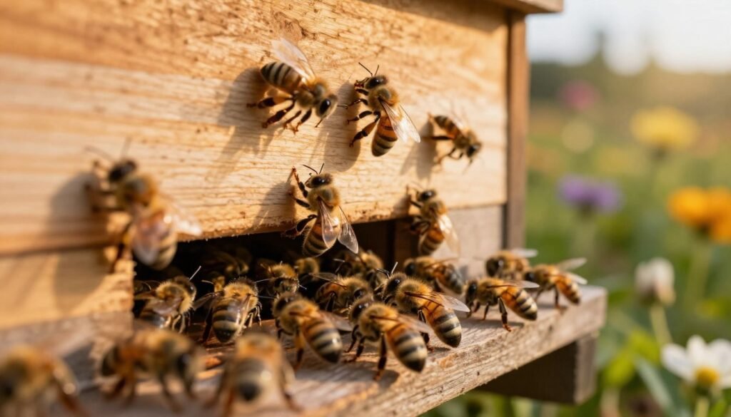 A close-up view of a beehive entrance teeming with activity, showcasing bees diligently entering and exiting the hive. In the foreground, focus on individual bees with clear detail on their delicate wings and striped bodies, emphasizing the bustling nature of the colony. The middle ground should feature the hive itself, painted in warm shades of natural wood, with subtle textures that convey authenticity. In the background, a soft-focus garden filled with blooming flowers hints at the hive's surroundings, bathed in golden, late afternoon sunlight. Capture the scene from a low angle, creating an intimate perspective that draws attention to both the hive and the bees. The atmosphere is lively yet peaceful, evoking a sense of connection with nature.