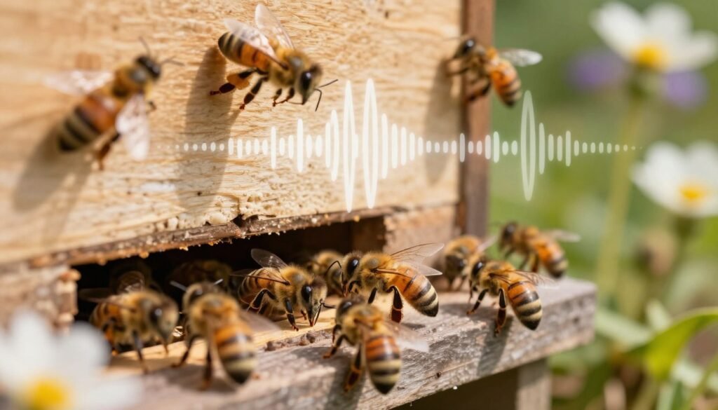 A close-up view of a beehive entrance, with honeybees buzzing around, creating a vibrant atmosphere. In the foreground, highlight the hive entrance, showcasing the bees in different poses—some entering, others exiting, and a few clinging to the entrance, their wings gently fluttering. In the middle, depict a soundwave visualization emanating from the hive, symbolizing the auditory clues heard from inside. In the background, a blurred garden setting filled with flowers, allowing for soft, natural lighting to filter through, enhancing the warm and lively mood of a thriving hive. Use a shallow depth of field to focus on the hive entrance while softly blurring the background for depth. The overall image should evoke curiosity and a sense of the unseen world within the hive.