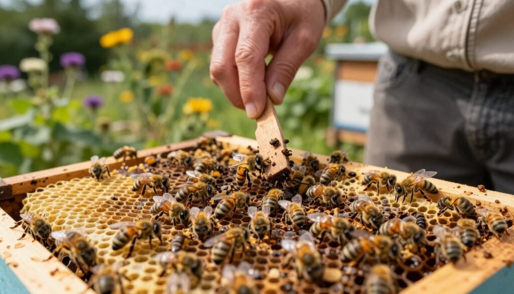 A close-up view of a beehive, focusing on a bee frame heavily infested with varroa mites, depicted in a realistic style. In the foreground, show bees exhibiting signs of distress and weakened states, gathering around the brood cells, which appear sparse and disorganized. In the middle, a beekeeper in modest casual clothing uses a wooden tool to gently scrape off the mites, conveying a sense of care and urgency. The background consists of a softly blurred garden landscape, full of flowering plants, under natural daylight that casts warm, inviting tones. The atmosphere should evoke a sense of concern and proactive management, emphasizing the importance of mite treatment for hive health.