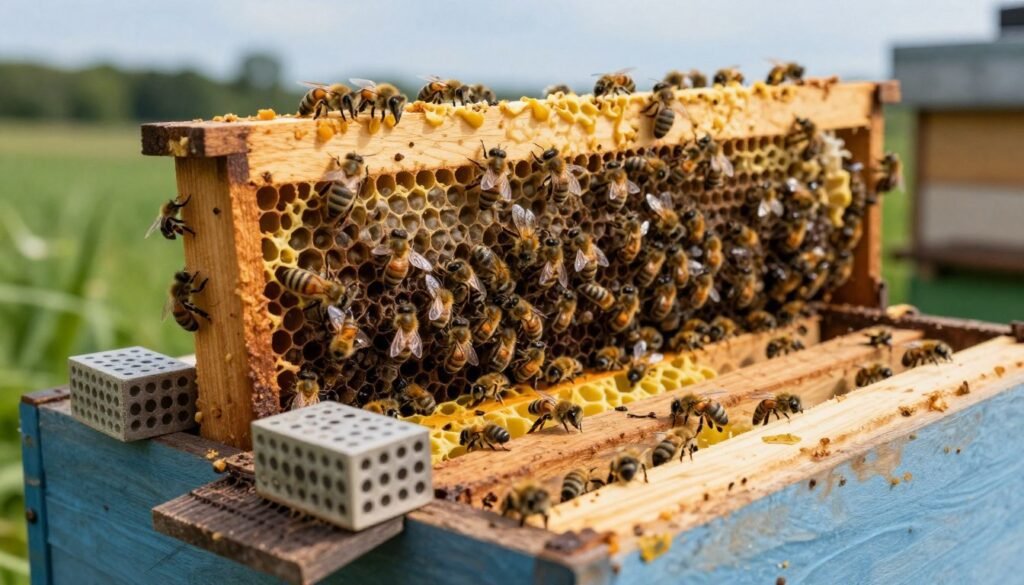 A close-up view of a beehive, focusing on the intricate wooden hive structure and the busy worker bees during the day. In the foreground, a few wax moth traps are strategically placed near the entrance, showcasing their design and function. The middle layer features bees entering and exiting the hive, emphasizing their organized activity, while subtle signs of wax moth damage are visible on some frames inside the hive. The background includes a lush green landscape under a bright blue sky, suggesting a healthy environment for the bees. Soft, natural lighting enhances the details of the hive and the bees, creating a serene atmosphere that reflects the importance of pest prevention in beekeeping. The composition captures the delicate balance between nature and the need for protection against wax moths. A close-up view of a beehive, focusing on the intricate wooden hive structure and the busy worker bees during the day. In the foreground, a few wax moth traps are strategically placed near the entrance, showcasing their design and function. The middle layer features bees entering and exiting the hive, emphasizing their organized activity, while subtle signs of wax moth damage are visible on some frames inside the hive. The background includes a lush green landscape under a bright blue sky, suggesting a healthy environment for the bees. Soft, natural lighting enhances the details of the hive and the bees, creating a serene atmosphere that reflects the importance of pest prevention in beekeeping. The composition captures the delicate balance between nature and the need for protection against wax moths.