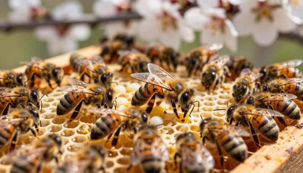 A close-up view of a beehive, focusing on the queen bee surrounded by her worker bees in a vibrant, bustling colony. The foreground features detailed honeycomb cells filled with nectar and larvae, illuminated by soft, natural sunlight filtering through foliage above. In the middle ground, the queen bee, larger and distinct, is actively engaged in laying eggs while worker bees care for her and attend to hive duties, showcasing their organized teamwork. The background is a blurred view of blossoming almond trees, hinting at the upcoming pollination season. The overall mood is dynamic and industrious, capturing the vital role of queen management in maintaining colony health. The image is well-lit, emphasizing the intricate details of the bees and hive structure, creating a sense of warmth and vitality.