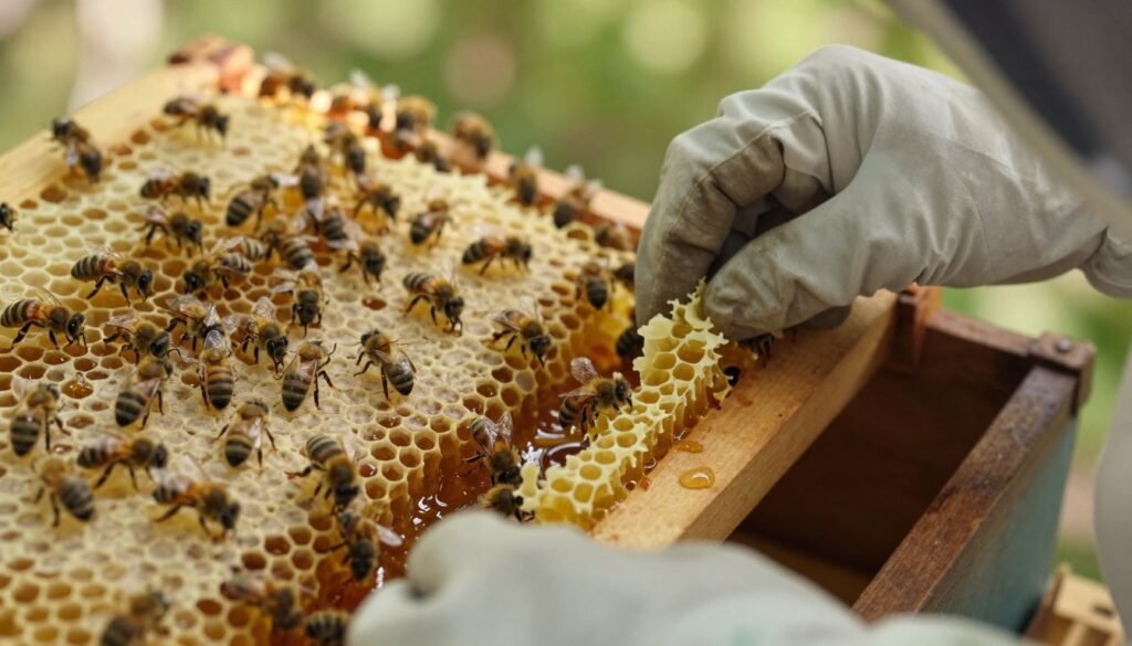 A close-up view of a beehive frame being carefully uncapped and recapped, showcasing bees diligently at work. In the foreground, a beekeeper wearing a light-colored, protective suit and gloves gently removes the wax capping from honey cells, revealing glistening honey underneath. The background features honeycomb filled with busy bees, some working to place fresh wax back on the cells. Soft, natural lighting filters through the trees, creating a warm and inviting atmosphere. The scene captures the intricate details of the bees' bodies, the shiny honey, and the delicate wax cappings, all while maintaining a sense of wonder and harmony in the hive environment. A close-up view of a beehive frame being carefully uncapped and recapped, showcasing bees diligently at work. In the foreground, a beekeeper wearing a light-colored, protective suit and gloves gently removes the wax capping from honey cells, revealing glistening honey underneath. The background features honeycomb filled with busy bees, some working to place fresh wax back on the cells. Soft, natural lighting filters through the trees, creating a warm and inviting atmosphere. The scene captures the intricate details of the bees' bodies, the shiny honey, and the delicate wax cappings, all while maintaining a sense of wonder and harmony in the hive environment.