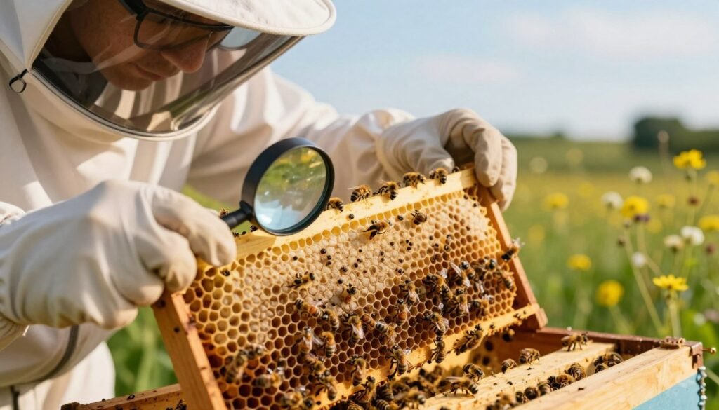 A close-up view of a beehive frame being inspected for mite levels. In the foreground, a beekeeper wearing a protective suit examines the frame with a magnifying glass, revealing tiny Varroa mites on the bees. The middle layer includes the textured honeycomb filled with bees and capped honey cells. In the background, a serene rural landscape with blooming wildflowers and soft green grass under a clear blue sky provides a calming atmosphere. The lighting is warm and natural, highlighting the details of the bees and the frame, while a slight depth of field blurs the background gently. The mood is focused and professional, reflecting the diligence required in monitoring bee health and treatment effectiveness.