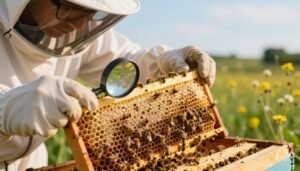 A close-up view of a beehive frame being inspected for mite levels