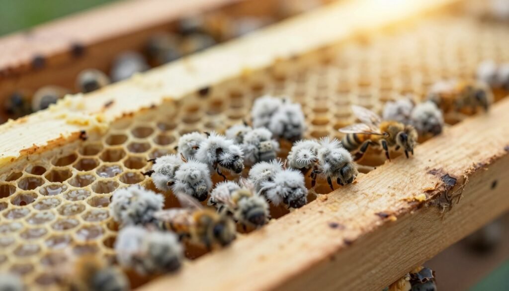 A close-up view of a beehive frame featuring uncapped honeycomb cells, showcasing several dead larvae affected by chalkbrood fungal infection. In the foreground, focus on the white, fuzzy mold growing on the dark, shriveled bodies of the larvae, indicating the disease's presence. The middle ground displays the wooden frame with honeycomb cells, some filled with honey and others with the visible remains of chalkbrood-infected larvae. The background should be slightly blurred, hinting at the other parts of the hive, bathed in warm, natural sunlight filtering through, creating a soft glow over the scene. The atmosphere feels somber yet informative, aiming to educate viewers about the impact of fungal infections on bee populations.