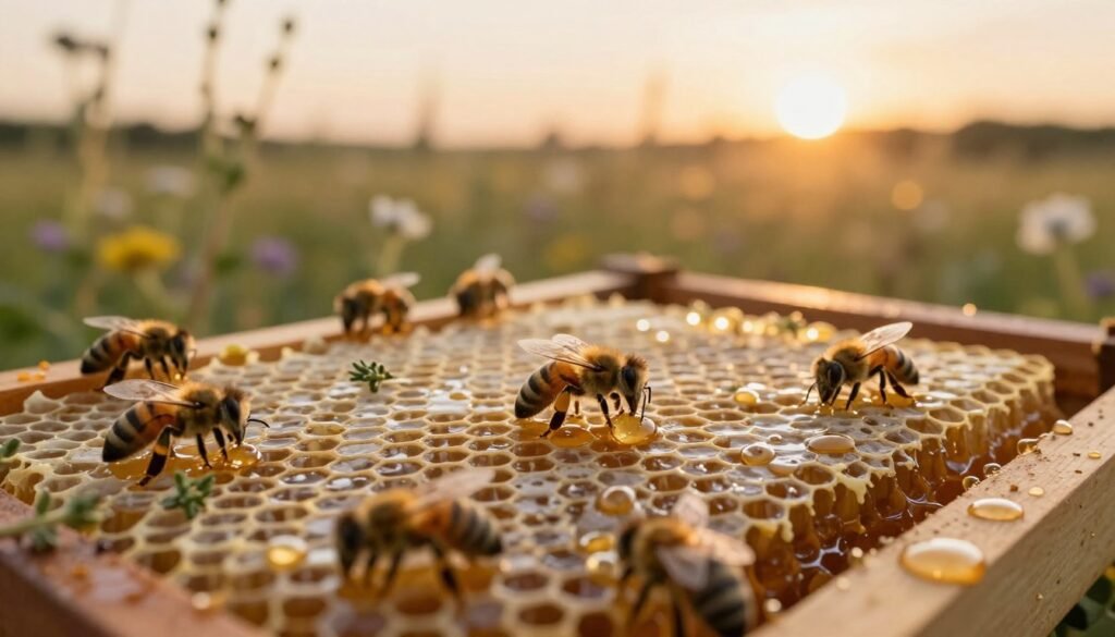 A close-up view of a beehive frame filled with glistening honeycomb, showcasing droplets of honey catching the warm golden light. In the foreground, include a few bees actively working, with one bee holding a tiny piece of aromatic herb, like thyme or rosemary, to hint at the complex sources of honey's flavor. The middle ground should feature the rich, textured surface of the honeycomb, with a soft focus on the bees to create a calming atmosphere. In the background, a blurred field of wildflowers can be seen under a gentle sunset, providing a warm and inviting backdrop. The overall mood is natural and organic, evoking the essence of honey's flavors while hinting at the influences of the environment. Ensure the lighting is soft and warm, reminiscent of late afternoon sun. A close-up view of a beehive frame filled with glistening honeycomb, showcasing droplets of honey catching the warm golden light. In the foreground, include a few bees actively working, with one bee holding a tiny piece of aromatic herb, like thyme or rosemary, to hint at the complex sources of honey's flavor. The middle ground should feature the rich, textured surface of the honeycomb, with a soft focus on the bees to create a calming atmosphere. In the background, a blurred field of wildflowers can be seen under a gentle sunset, providing a warm and inviting backdrop. The overall mood is natural and organic, evoking the essence of honey's flavors while hinting at the influences of the environment. Ensure the lighting is soft and warm, reminiscent of late afternoon sun.
