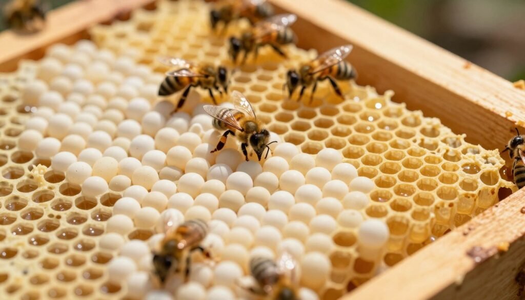 A close-up view of a beehive frame filled with laying worker bee brood, showcasing multiple cells containing eggs and developing larvae. The foreground highlights the intricate details of the brood cells, with a focus on the creamy-white eggs laid in perfectly organized hexagonal structures. In the middle ground, a few worker bees can be seen tending to the brood, exhibiting their nurturing behavior, while the background features a softly blurred hive environment, with warm, natural lighting casting gentle shadows. The overall atmosphere conveys a sense of resilience and caretaking, reflecting the unique biological dynamics of a queenless hive. The image should be vibrant with rich honey and yellow tones, creating an engaging visual for the topic at hand.