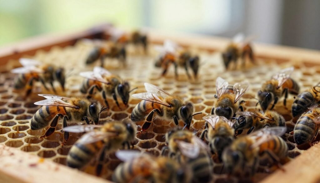 A close-up view of a beehive frame, focusing on empty cells that signify a queenless colony, with worker bees visibly anxious and clustering together. In the foreground, some bees are examining the empty brood cells with frenzied activity, while others exhibit signs of distress. The middle ground features a few blurry worker bees interacting, creating a sense of confusion. The background reveals a clear honeycomb structure, bathed in soft natural light filtering through a window, creating a serene atmosphere despite the underlying tension. The photo is taken with a macro lens to highlight the intricate details of the bees and hive. The overall mood is one of uncertainty and concern, emphasizing the urgency of verifying the colony's queen status.