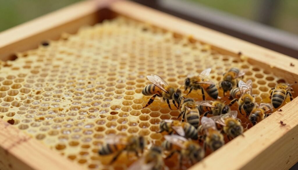 A close-up view of a beehive frame highlighting supersedure cells, showcasing their distinct oval shape and placement. In the foreground, a cluster of yellow and black worker bees can be seen tending to the supersedure cells, emphasizing the life within the hive. The middle layer features a wooden frame with honeycomb cells, surrounded by a rich, golden-yellow honey. The background fades softly to a blurred view of the hive's interior, infused with warm, natural lighting to create an inviting atmosphere. The depth of field is expertly focused on the supersedure cells, while the bees exhibit a gentle, busy demeanor, reinforcing the theme of nurturing and continuity within the colony. A close-up view of a beehive frame highlighting supersedure cells, showcasing their distinct oval shape and placement. In the foreground, a cluster of yellow and black worker bees can be seen tending to the supersedure cells, emphasizing the life within the hive. The middle layer features a wooden frame with honeycomb cells, surrounded by a rich, golden-yellow honey. The background fades softly to a blurred view of the hive's interior, infused with warm, natural lighting to create an inviting atmosphere. The depth of field is expertly focused on the supersedure cells, while the bees exhibit a gentle, busy demeanor, reinforcing the theme of nurturing and continuity within the colony.