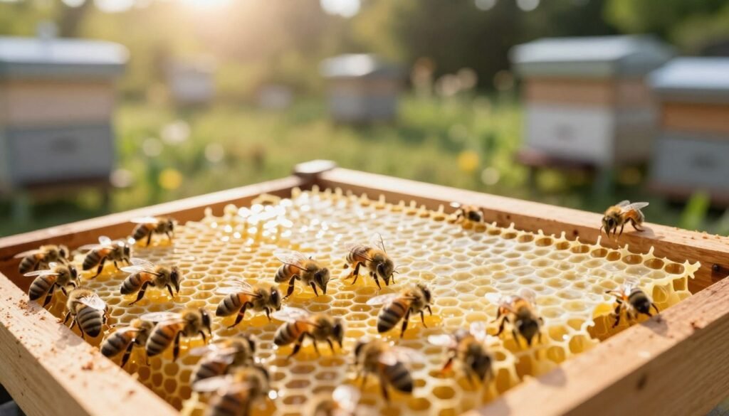 A close-up view of a beehive frame showcasing bees meticulously applying wax to a plastic foundation. In the foreground, a cluster of honeybees is engaged in building immaculate wax structures, their delicate wings glistening under warm, natural sunlight. The middle ground features the plastic foundation, half-coated with a shiny layer of beeswax, highlighting the contrast between the bright plastic and the rich, golden wax. In the background, soft-focus hives and an open garden in soft sunlight create a serene ambiance, with gentle bokeh effects for depth. The atmosphere is tranquil yet industrious, conveying the importance of wax coating in enhancing bee acceptance and encouraging natural behaviors.