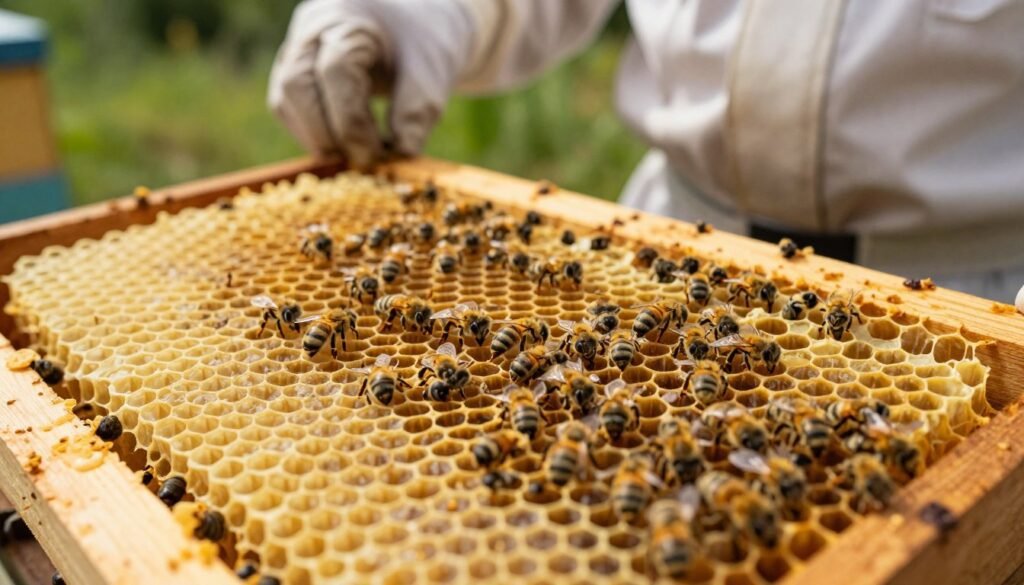 A close-up view of a beehive frame showcasing drone brood cells filled with developing bee larvae, set against a backdrop of honeycomb. The foreground captures intricate details of the drone brood, emphasizing the rich, golden-yellow color and the texture of the waxy cells. In the middle ground, a beekeeper in professional attire carefully inspects the frame, highlighting the importance of drone brood removal for Varroa mite control. The background features soft-focus greenery, symbolizing a thriving hive environment. Warm, natural lighting illuminates the scene, creating an atmosphere of care and attention to detail, while a slight depth of field adds focus to the brood cells and the beekeeper's careful actions.